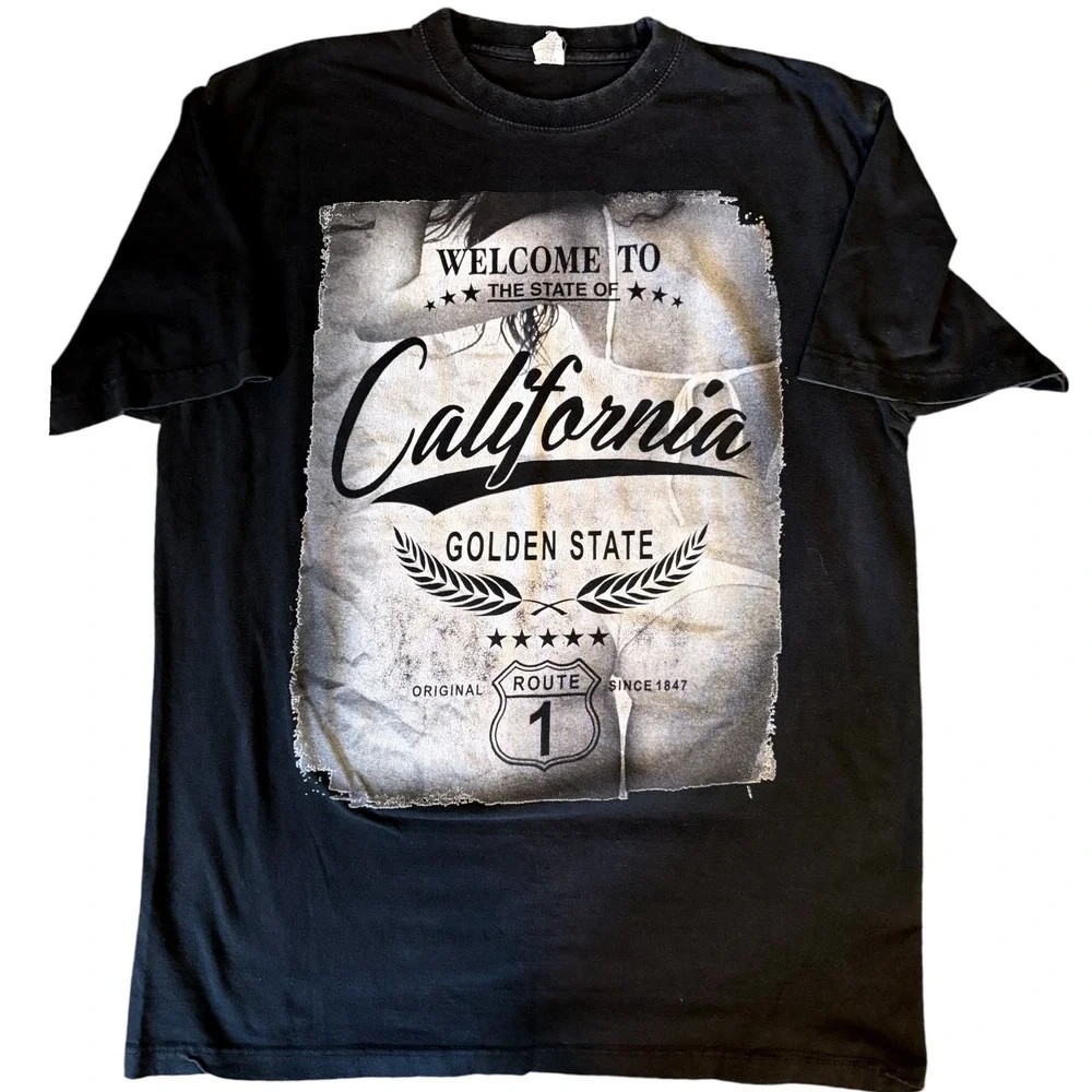 California Golden State Route 1 Graphic Tee Black‎ Men's 2XL Streetwear